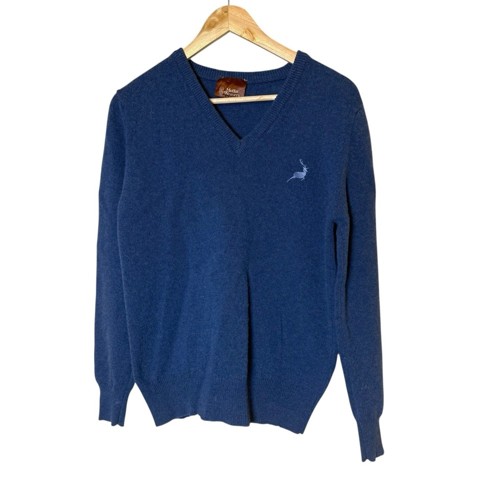 Vtg Moffat Weavers Mens Blue V-Neck Pullover Pure New‎ Wool Sweater Chest 40 LG